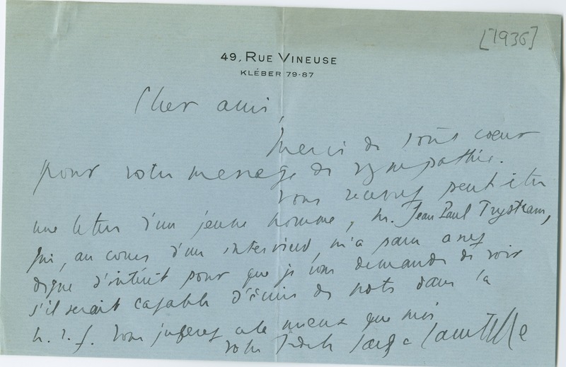 Lettre de Jacques de Lacretelle à Jean Paulhan (1936)