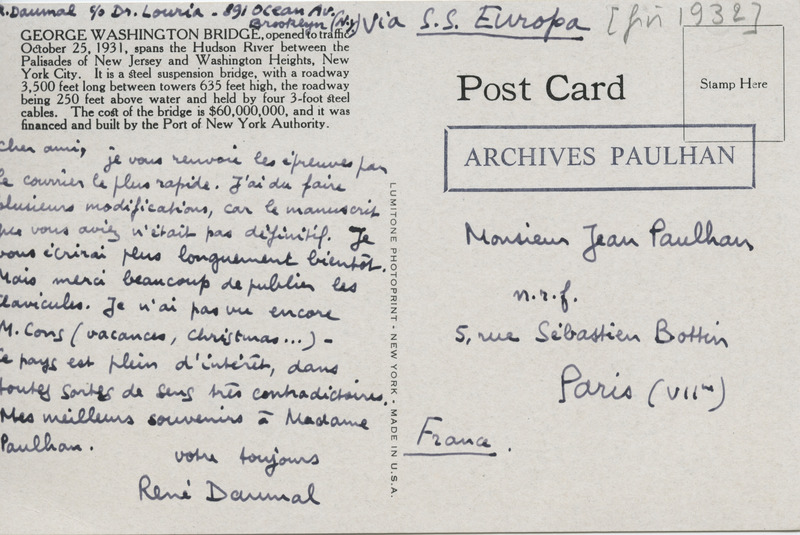 Lettre de René Daumal à Jean Paulhan, 1932 Lettre de René Daumal à Jean Paulhan, 1932