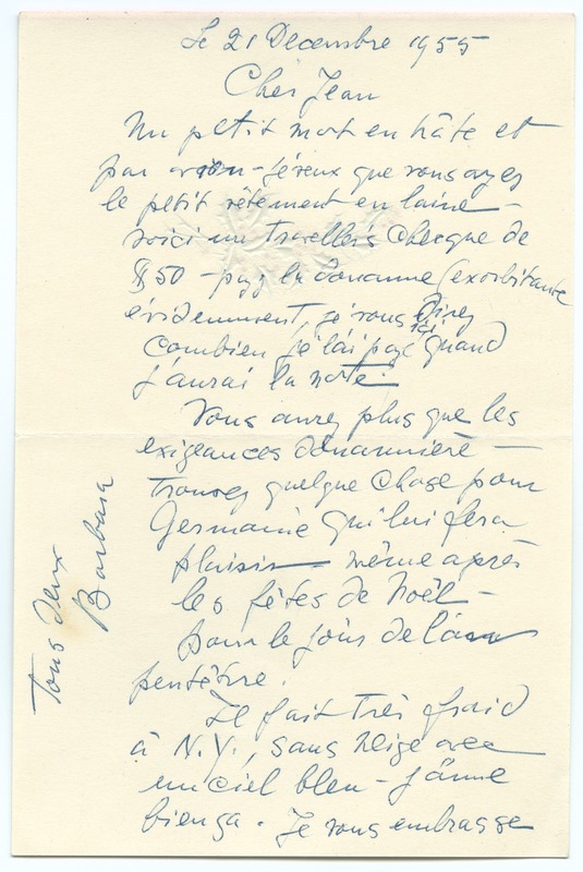 Lettre de Barbara Church à Jean Paulhan (21 décembre 1955)