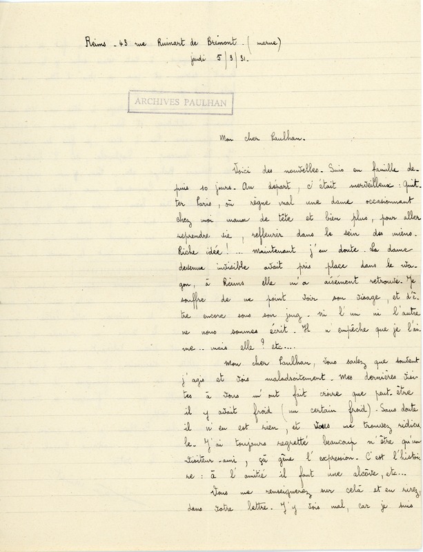 Lettre de Pierre Minet à Jean Paulhan, 1931-03-05