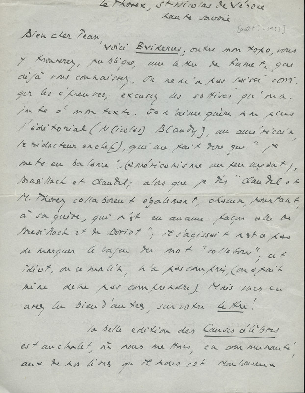 Lettre de René Étiemble à Jean Paulhan, 1952-08 Lettre de René Étiemble à Jean Paulhan, 1952-08