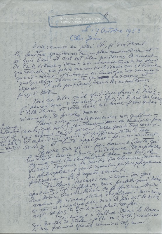Lettre de Barbara Church à Jean Paulhan (17 octobre 1953)