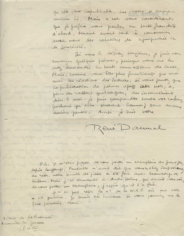 Lettre de René Daumal à Jean Paulhan, 1930 Lettre de René Daumal à Jean Paulhan, 1930