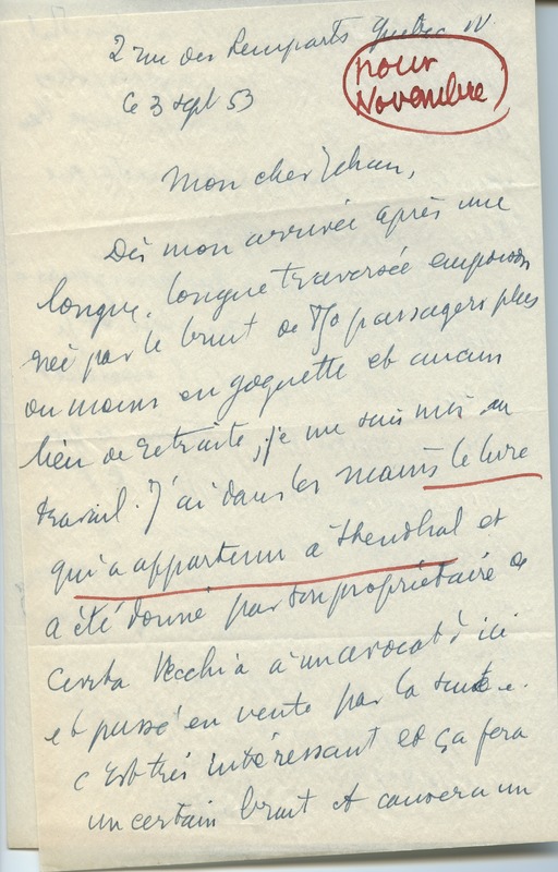 Lettre de René-Louis Doyon à Jean Paulhan, 1953-09-03