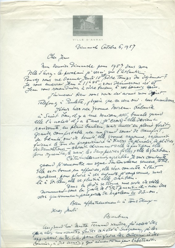 Lettre de Barbara Church à Jean Paulhan (6 octobre 1957)