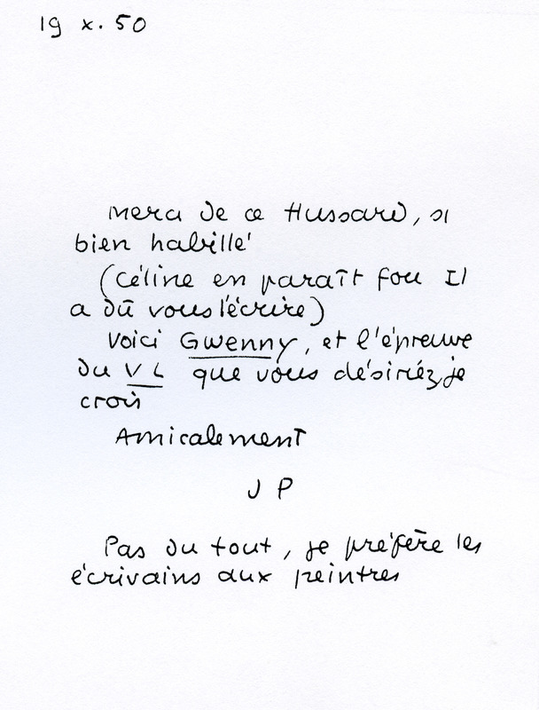 Lettre de Jean Paulhan à Roger Nimier, 1950-10-19