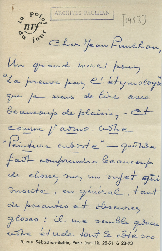 Lettre de René Bertelé à Jean Paulhan, 1953