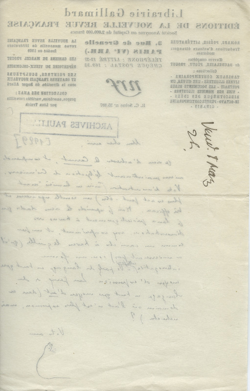 Lettre d'André Malraux à Jean Paulhan, 1929