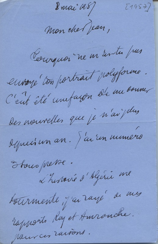 Lettre de René-Louis Doyon à Jean Paulhan, 1957-05-08