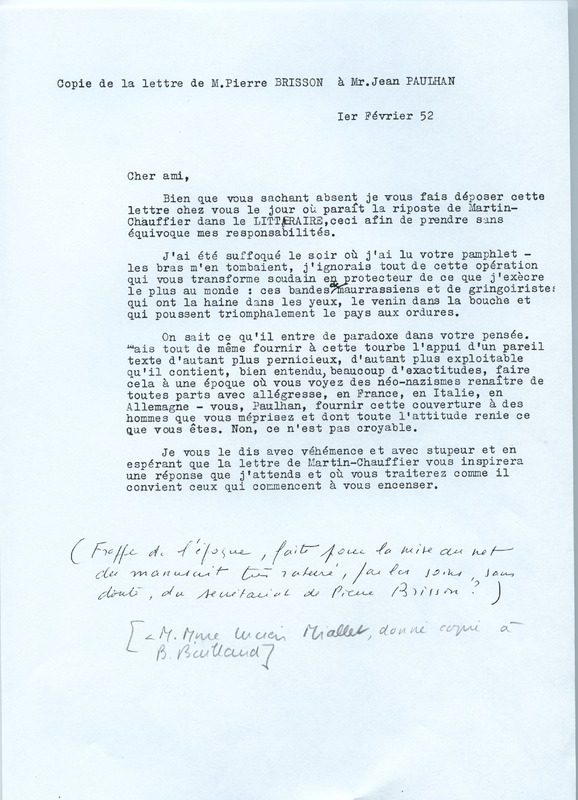 Lettre de Pierre Brisson à Jean Paulhan (1er février 1952)