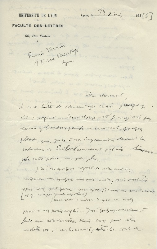 Lettre de Jean Wahl à Jean Paulhan, 1935-02-18