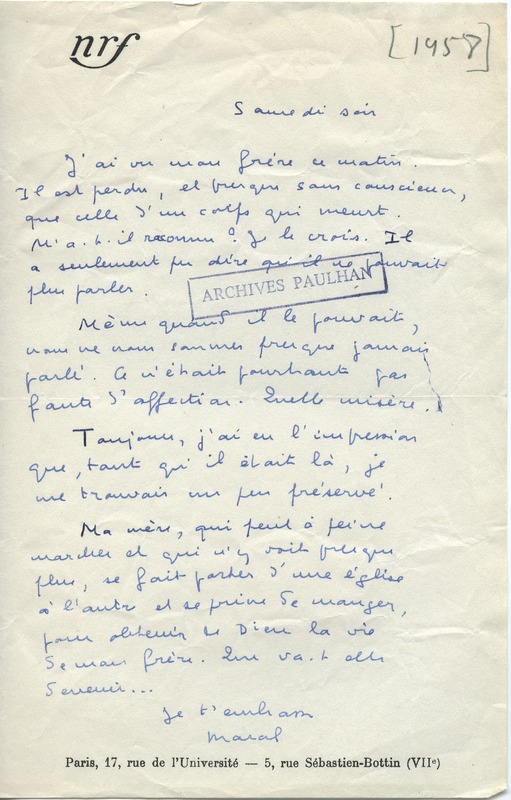 Lettre de Marcel Arland à Jean Paulhan, 1958