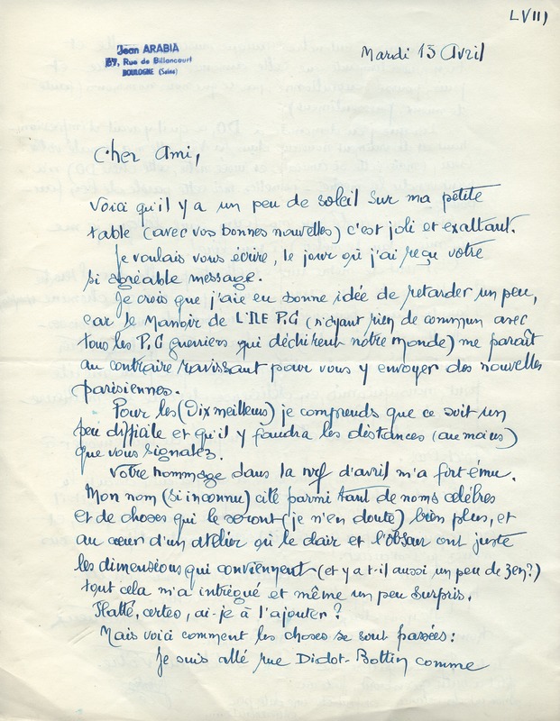 Lettre de Jean Arabia à Jean Paulhan, 1958-04-13