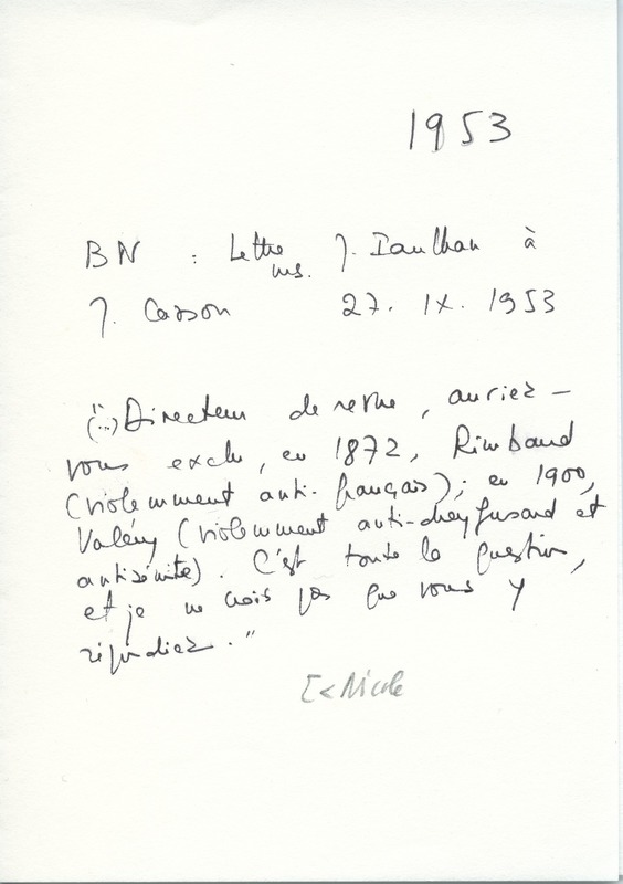 Lettre de Jean Cassou à Jean Paulhan, 1953-09-27