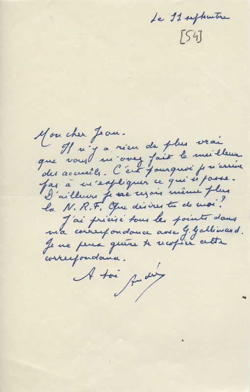 Lettre d'André Dhôtel à Jean Paulhan, 1954-09-11