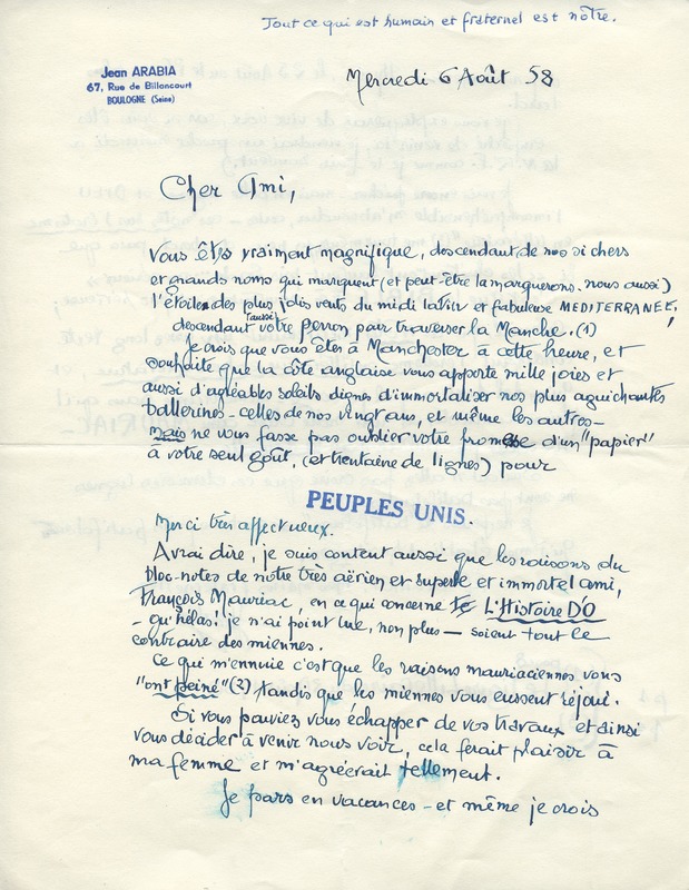 Lettre de Jean Arabia à Jean Paulhan, 1958-08-06