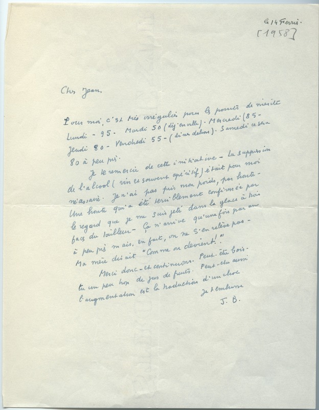 Lettre de Jean Blanzat à Jean Paulhan (14 février 1958)