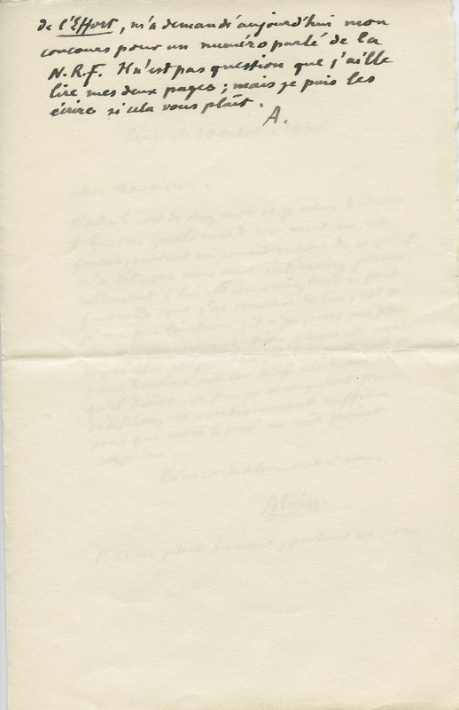 Lettre d'Alain à Jean Paulhan, 1930-10-10