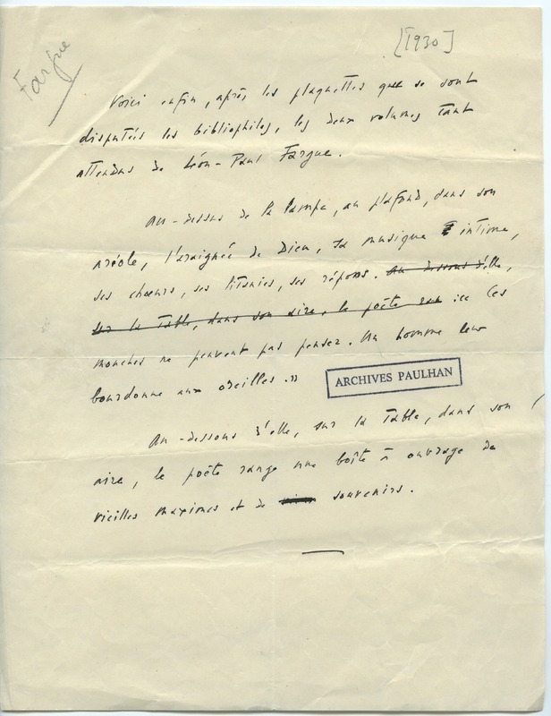 Lettre de Léon-Paul Fargue à Jean Paulhan (1930)