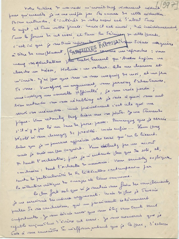 Lettre de Marcel Arland à Jean Paulhan, 1927