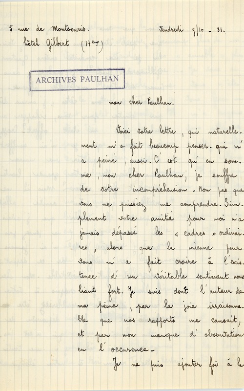 Lettre de Pierre Minet à Jean Paulhan, 1931-10-09 Lettre de Pierre Minet à Jean Paulhan, 1931-10-09