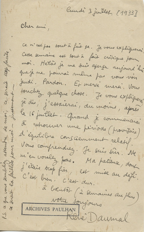 Lettre de René Daumal à Jean Paulhan, 1933-07-03