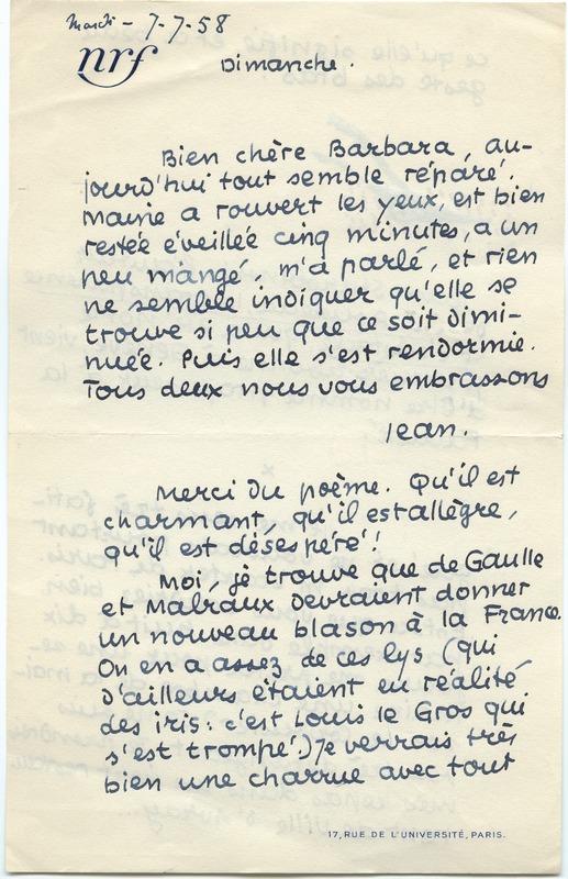 Lettre de Jean Paulhan à Barbara Church (7 juillet 1958)