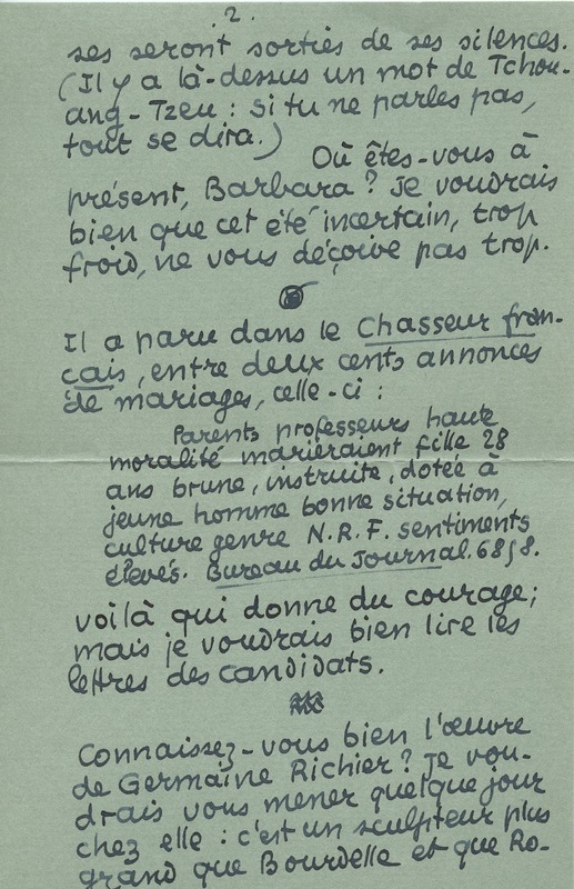Lettre de Jean Paulhan à Barbara Church (19 août 1956)
