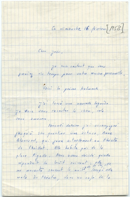 Lettre d'Armand Robin à Jean Paulhan (16 février 1958)