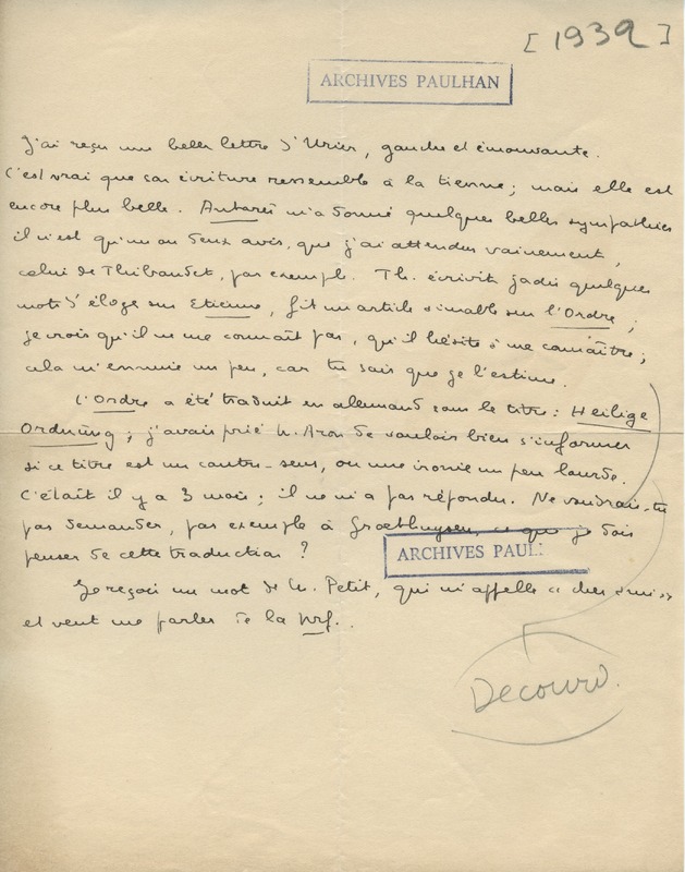 Lettre de Marcel Arland à Jean Paulhan, 1932