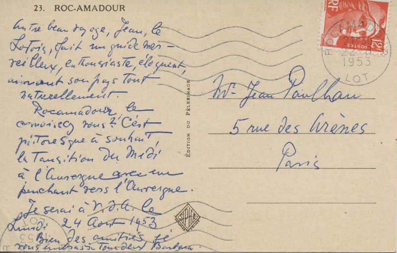 Lettre de Barbara Church à Jean Paulhan (22 août 1953)