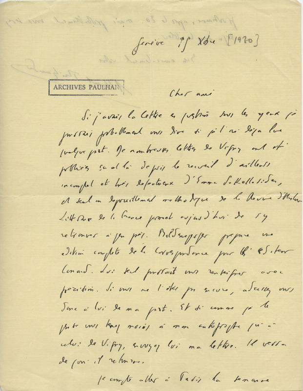 Lettre d'Albert Thibaudet à Jean Paulhan, 1930