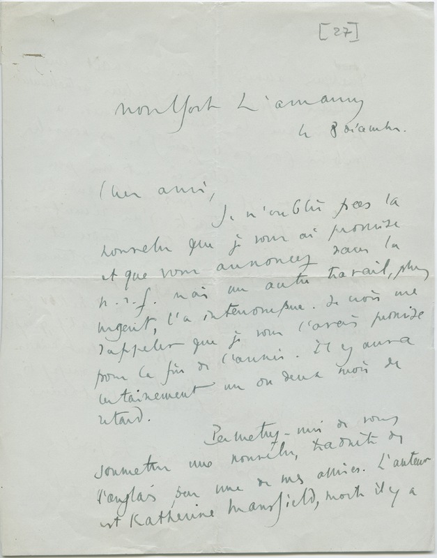 Lettre de Jacques de Lacretelle à Jean Paulhan (12 août 1927)