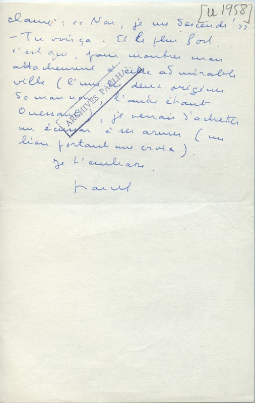 Lettre de Marcel Arland à Jean Paulhan, 1958