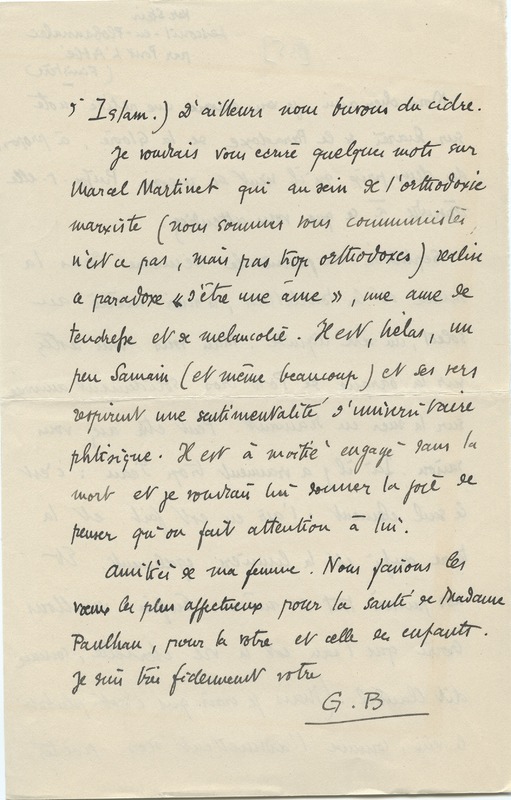 Lettre de Gabriel Bounoure à Jean Paulhan, 1935