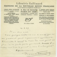 Lettre de Ramon Fernandez à Jean Paulhan (14 mars 1929)