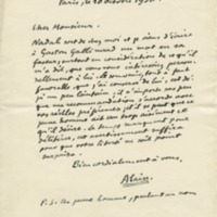 Lettre d'Alain à Jean Paulhan, 1930-10-10