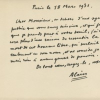 Lettre d'Alain à Jean Paulhan, 1931-03-18