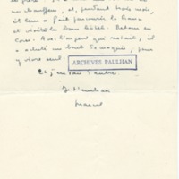 Lettre de Marcel Arland à Jean Paulhan, 1955
