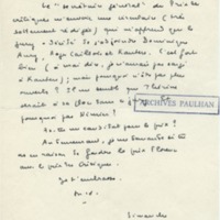 Lettre de Marcel Arland à Jean Paulhan, 1951