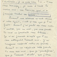 Lettre de Marcel Arland à Jean Paulhan, 1954