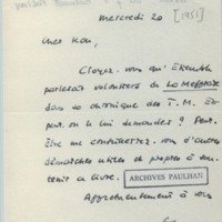 Lettre de Georges Lambrichs à Jean Paulhan, 1951