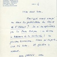 Lettre de Georges Lambrichs à Jean Paulhan, 1958
