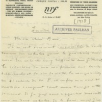 Lettre de Ramon Fernandez à Jean Paulhan (1928)