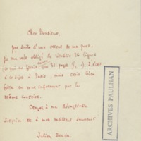 Lettre de Julien Benda à Jean Paulhan, 1927