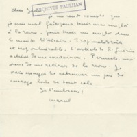 Lettre de Marcel Arland à Jean Paulhan, 1954