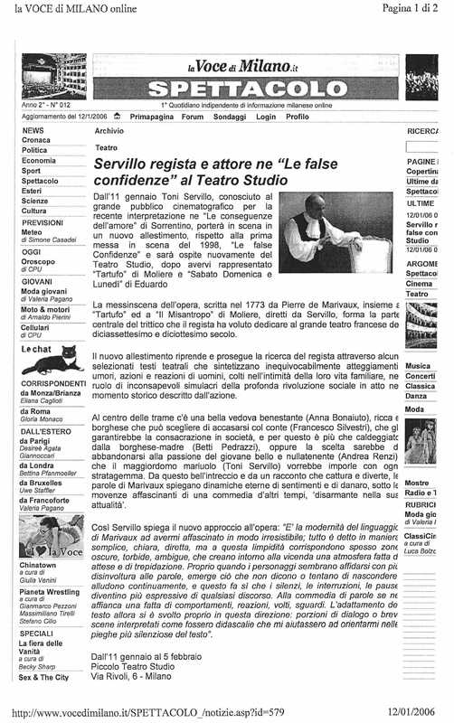 1998 : Le false confidenze (Toni Servillo), Revue de presse (Reprise 2005-2007)