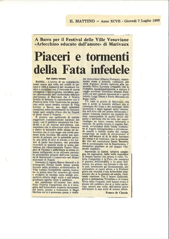 1988 : Arlecchino educato dall’amore (Marco Bernardi) revue de presse