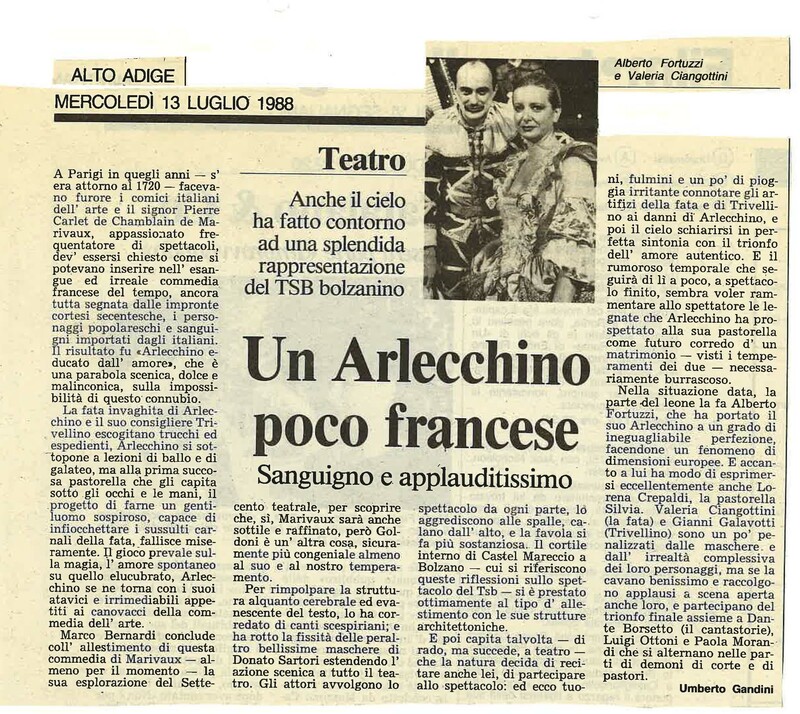 1988 : Arlecchino educato dall’amore (Marco Bernardi) revue de presse (reprises)