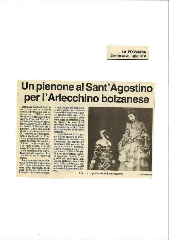 1988 : Arlecchino educato dall’amore (Marco Bernardi) revue de presse (reprises)